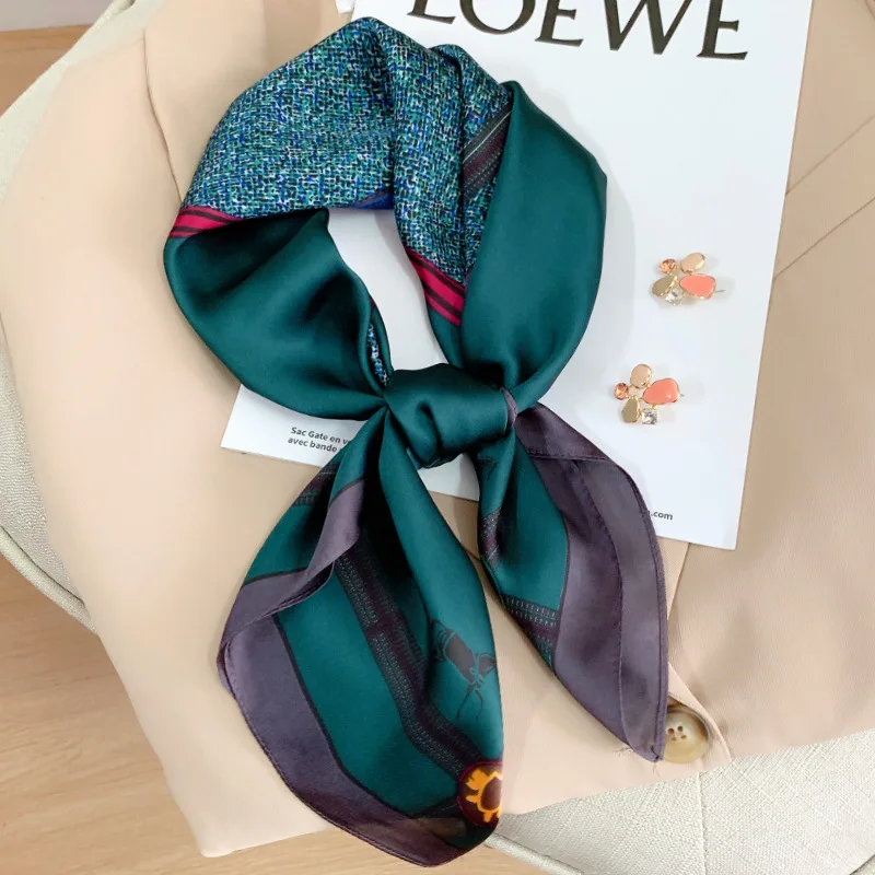 

New Plaid Silk Square Scarf Women Satin Shawl Wrap Hijab Female Hair Band Wrist Luxury Headkerchief 70X70CM Echarpe 2022 Bandana