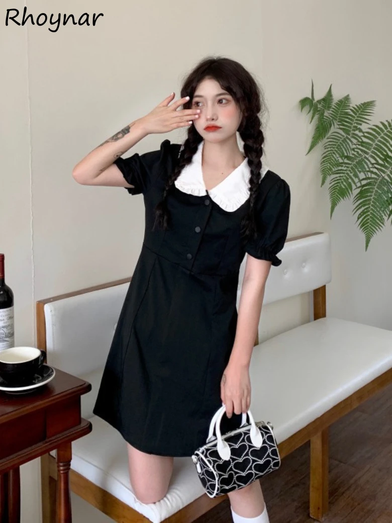 

Puff Sleeve Dresses Women Mini Peter Pan Collar Girlish Retro Sweet French Style Preppy Style Harajuku Summer New Romantic Mujer