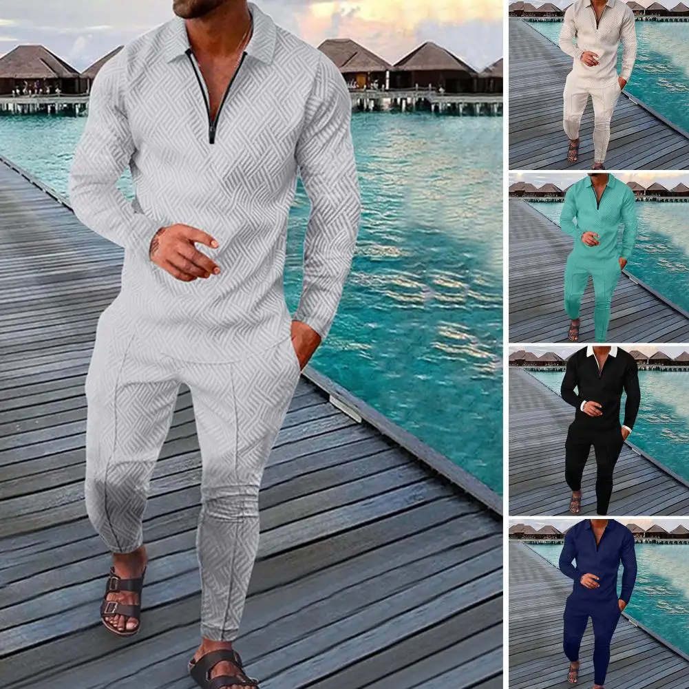 Popular Men Outfit Pockets Sporty Long Sleeve Top Mid-rise Pants  Two Piece Set    Men Top Trousers