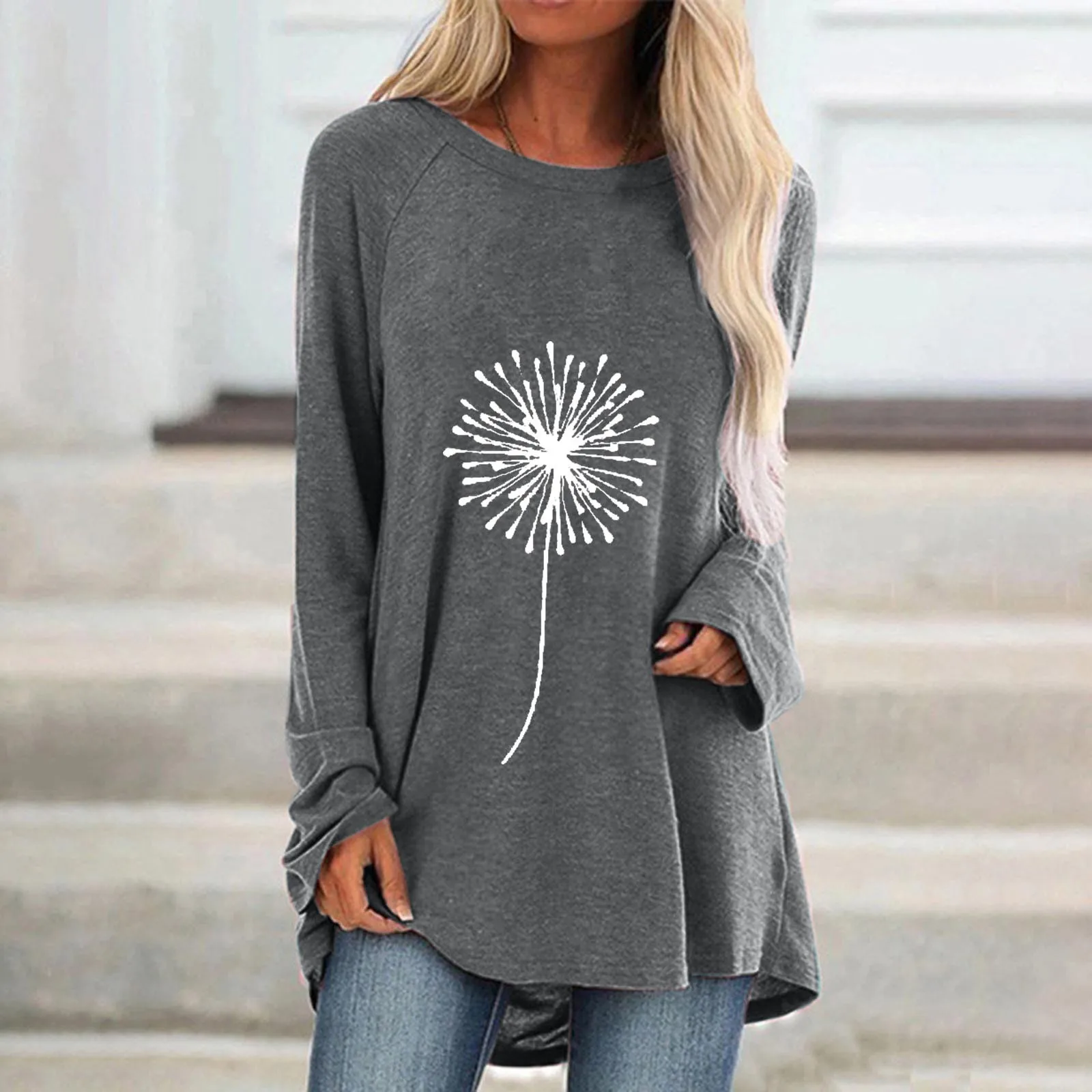 

Womens Casual Crew Neck Raglan Dandelion Printing Long Sleeve Tshirts Blouse Top Oversized Tee Shirt