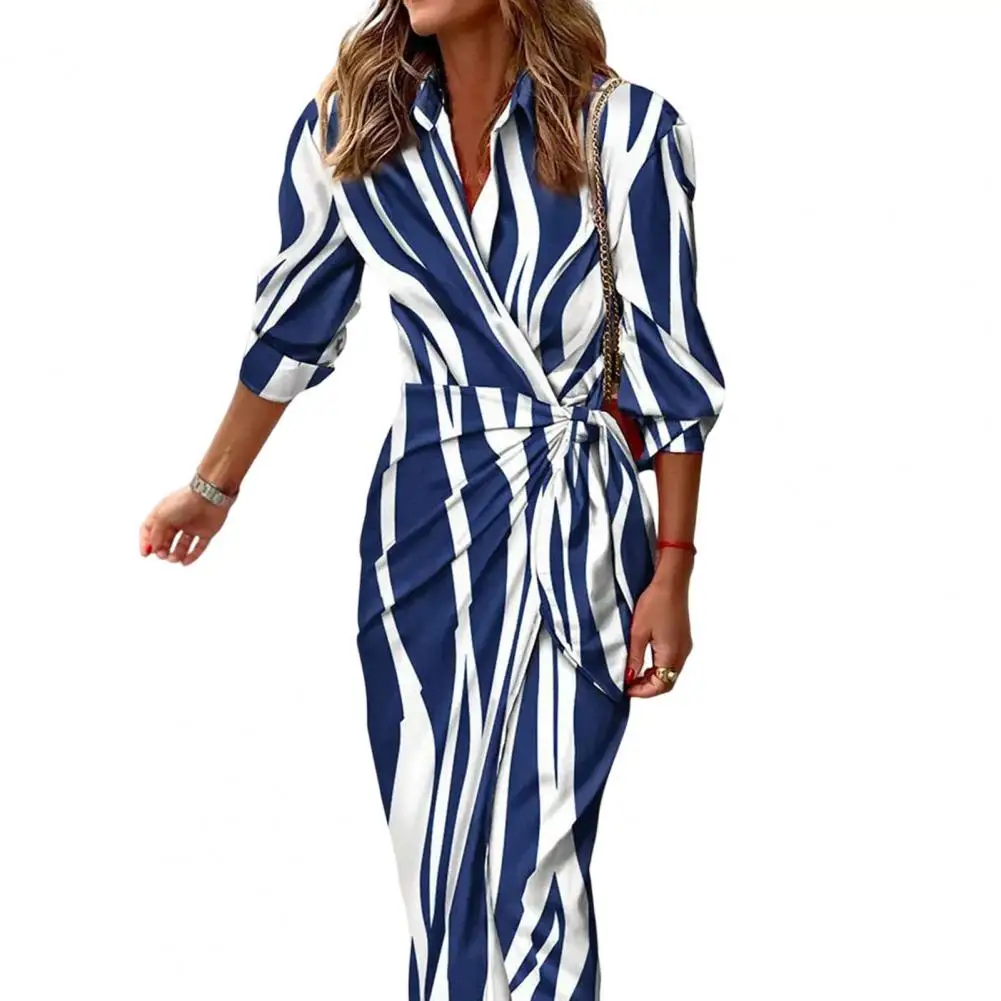

Lapel High-Waist Long Sleeve Draped Maxi Dress Classic Striped Print Lace-up Shirt Dress Female Clothes платье женское летнее