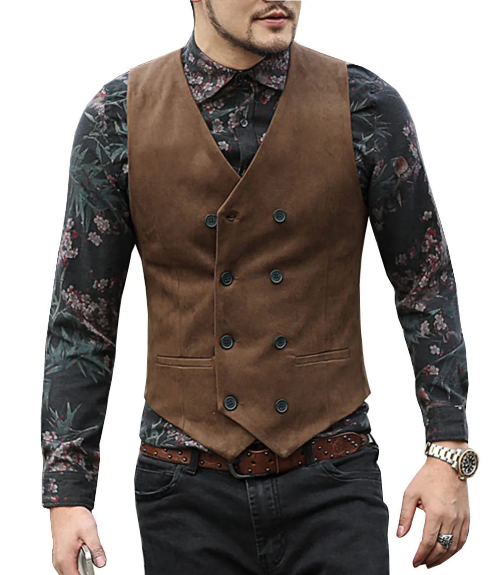 

Mens Suit Vest V Neck Suede Brown Black Double-breasted Slim Fit Waistcoat Casual Formal Business Groomman For Wedding Vest