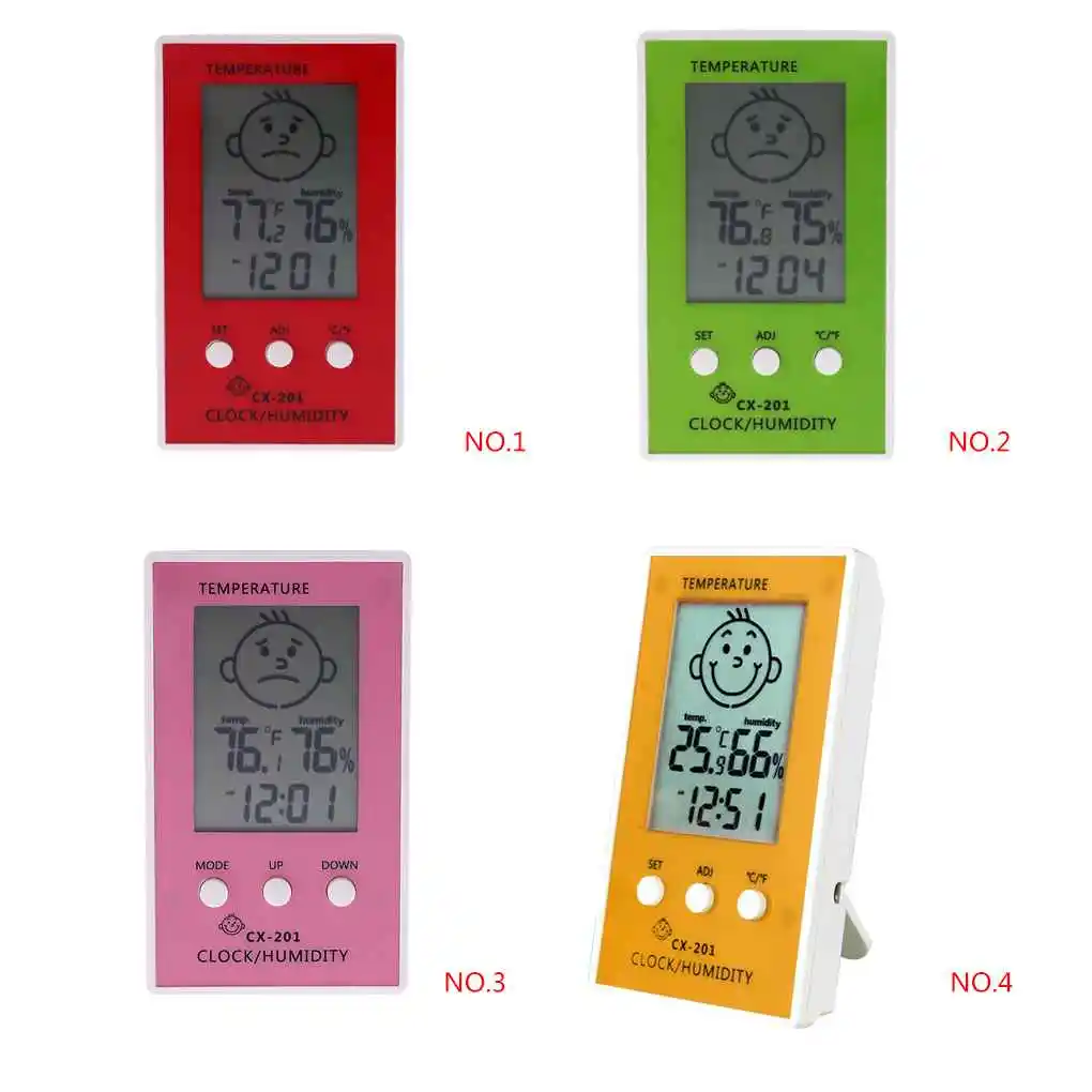 

CX-201 Digital LCD Thermometer Hygrometer Clock Humidity Temperature Meter Baby Face Comfort Level Display Weather Station