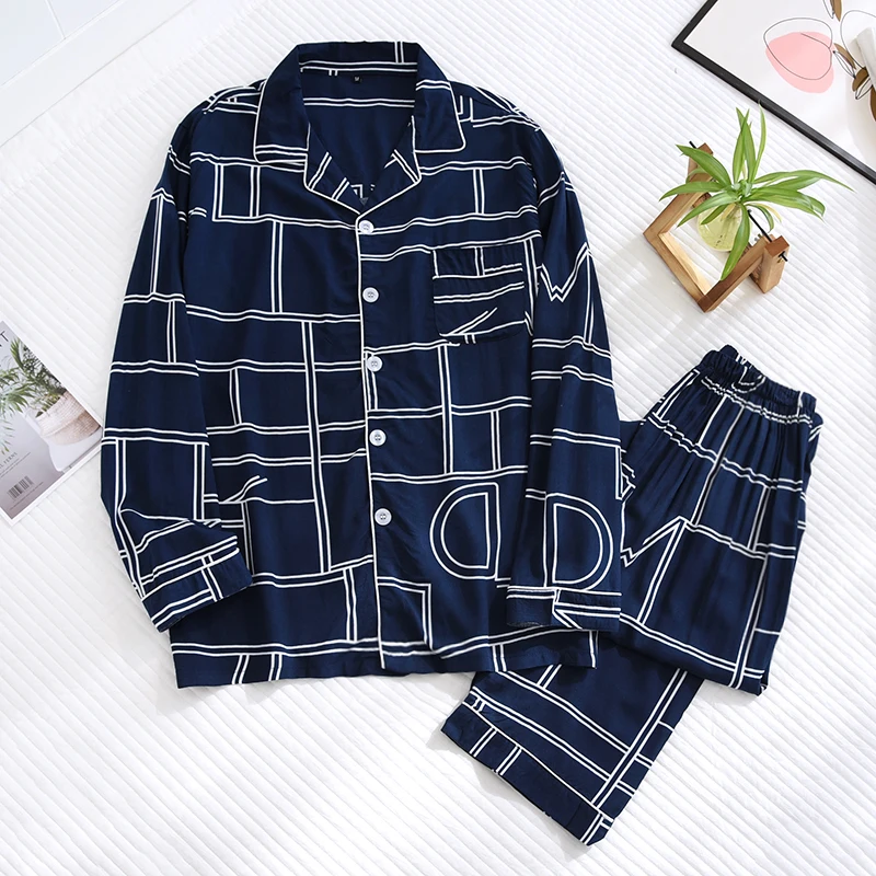 New Spring Summer Male Thin Plus Size Nightwear Geometric Cardigan Homewear Long Sleeved Trousers Viscose Pajamas For Men Sets