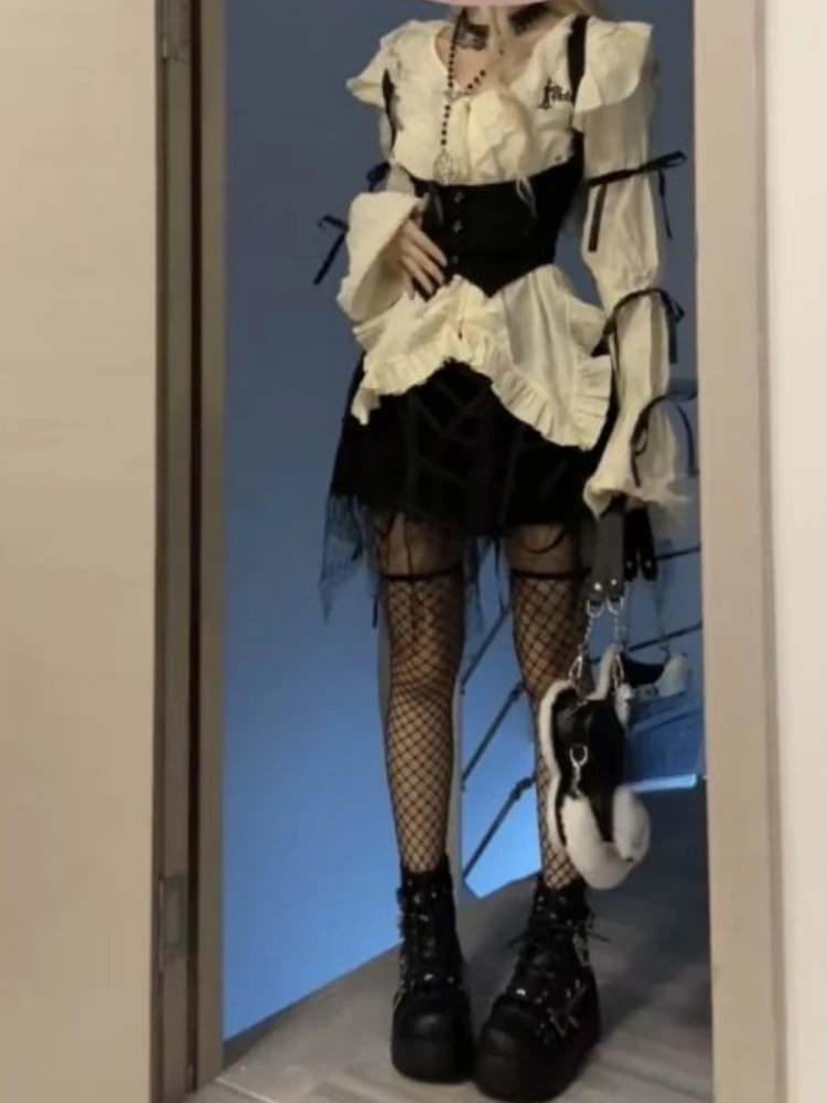 Милые комплекты из 3 предметов женская рубашка Харадзюку с нерегулярными рюшами +