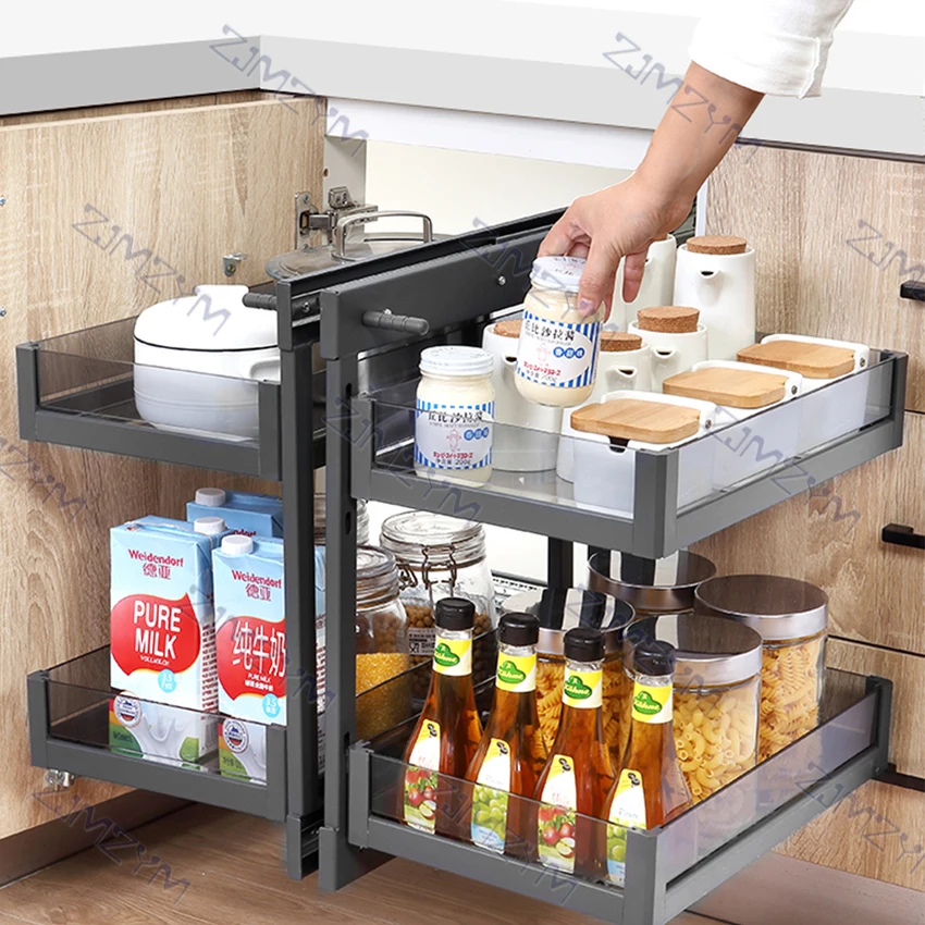 

Cabinet corner full pull out basket built-in tempered glass drawer shelf,load-bearing 80kg,removable,height adjustable