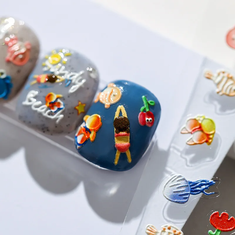 Мультяшные летние пляжные 5D мягкие рельефные Самоклеящиеся украшения для ногтей