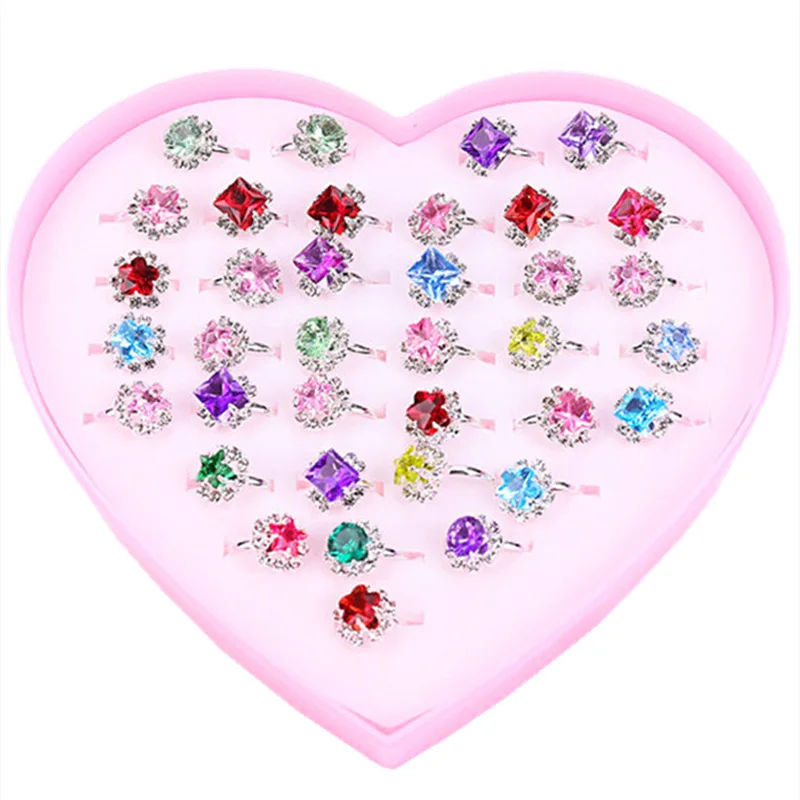 36pcs Children's Peach Heart Box Color Diamond Ring Diamond Ring Fashion Girl Birthday Gift Toy for Baby Party Gifts