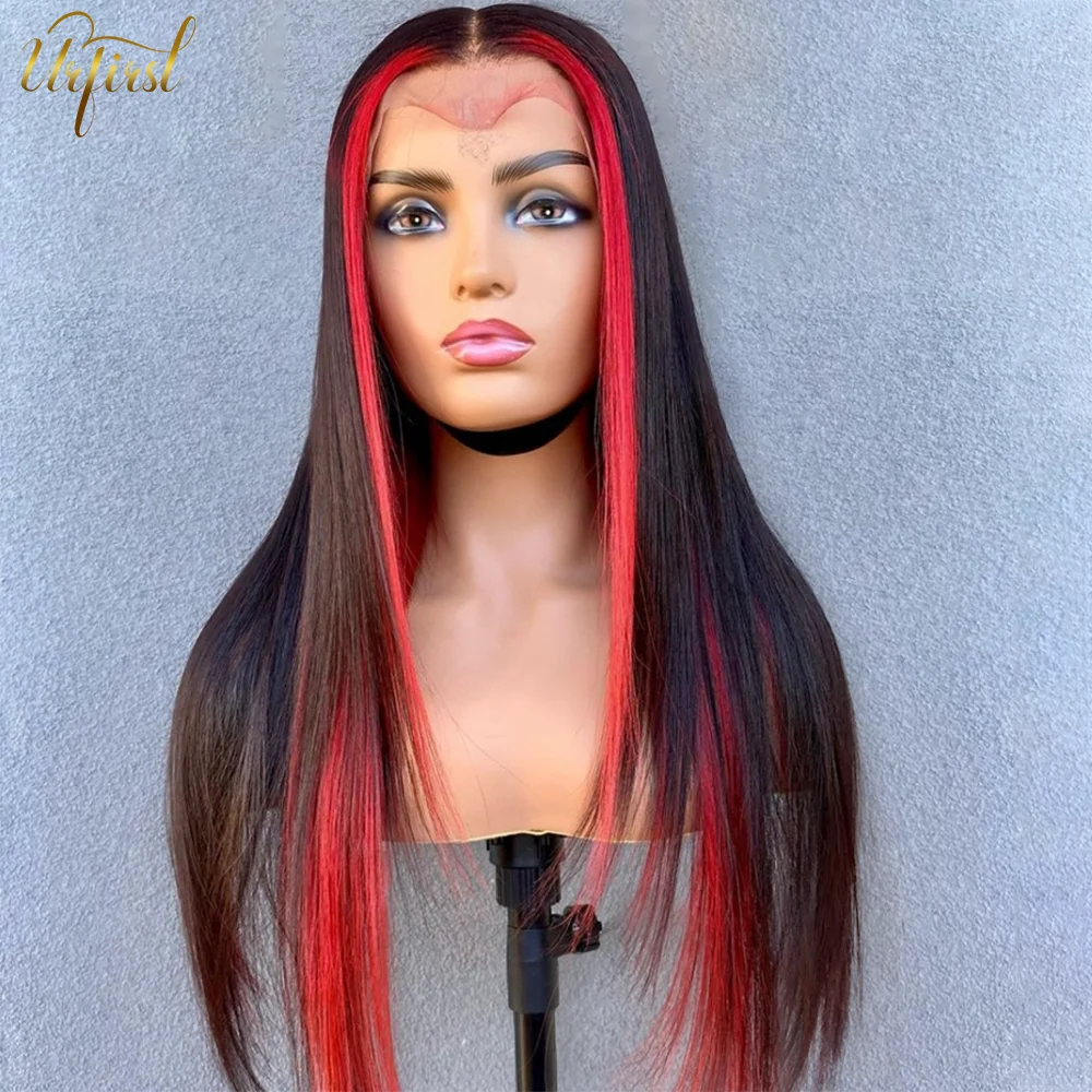 

Urfirst 30 inch Straight Lace Front Wig 13x6 HD Transparent Lace Frontal Wig 1B Red Colored Human Hair Wigs For Women Remy Wigs
