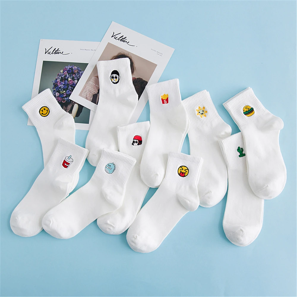 Women's Embroidery Coke Girl Killer Cactus Heart Fries Monster Cactus Hamburger Harajuku Hipster Skateboard Funny White Socks