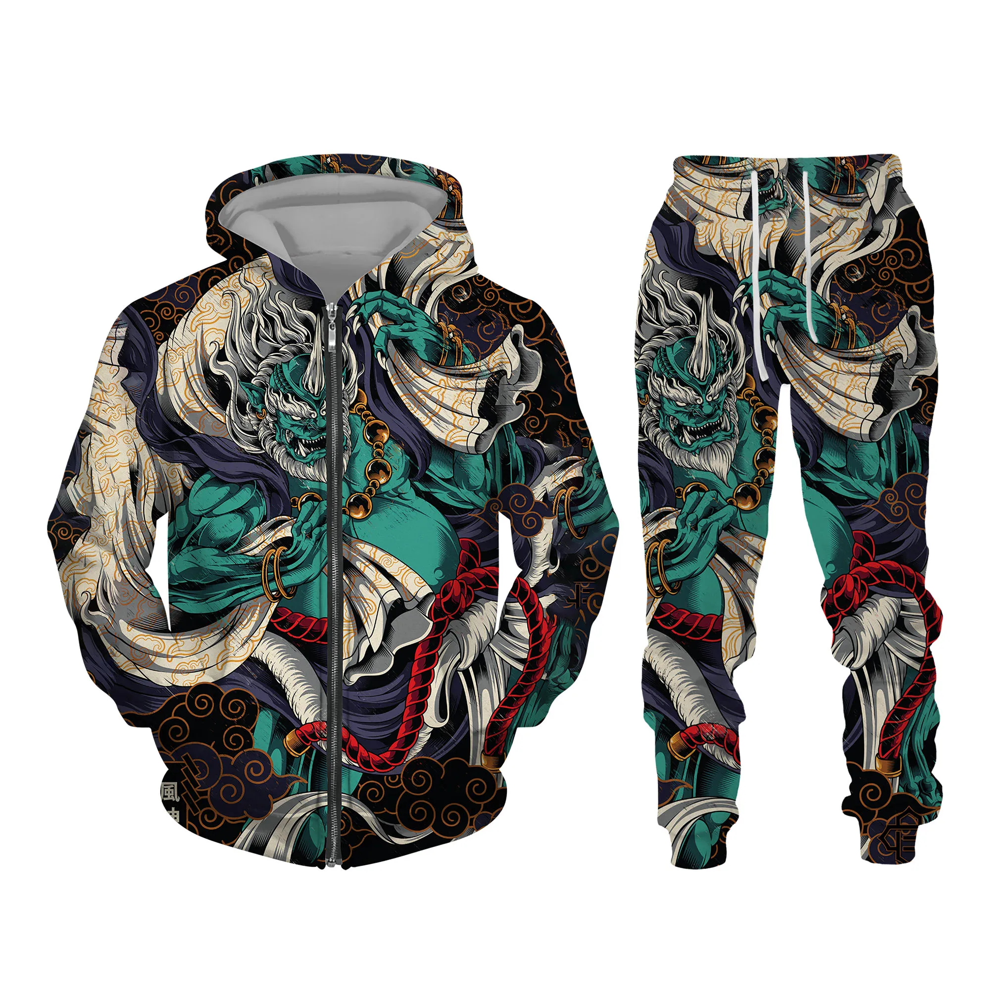 

Autumn Mens 3D Oriental Dragon God Printed Hooded Sweater Set Male Japanese Samurai Tattoo Zipper 3d Tracksuit Men Clothing Suit