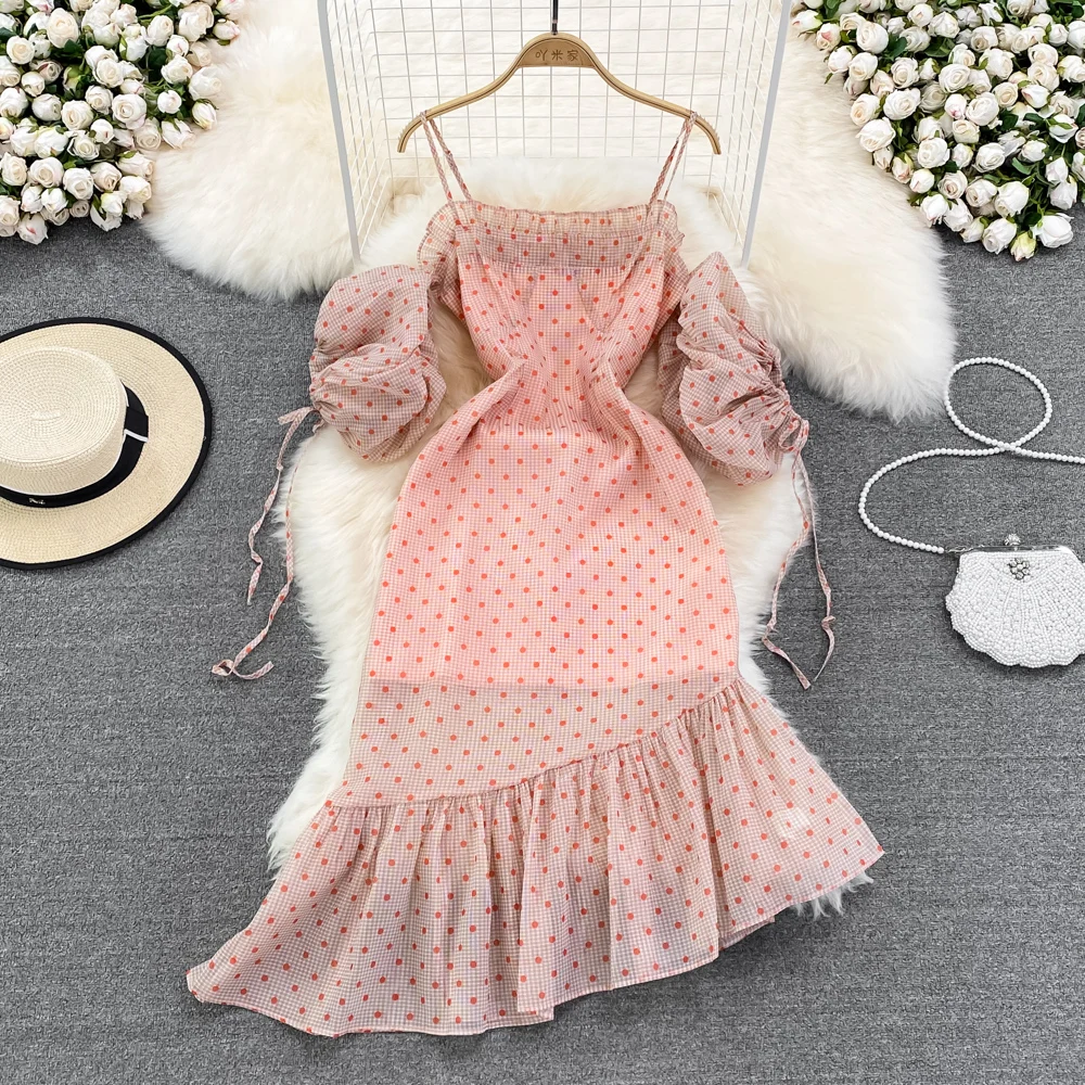 

YIZZHOY Spring Autumn Women Strapless Suspenders Fashion High Waist Slim Dress Bubble Sleeve Dot Point Chiffon Hip Wrap Dresses