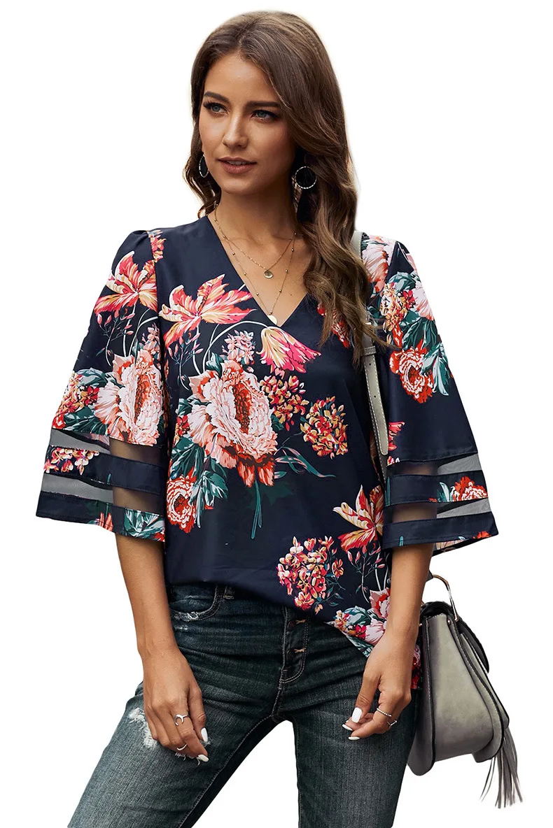 

Женская шифоновая блузка с цветочным принтом, V-образным вырезом и Расклешенным рукавом