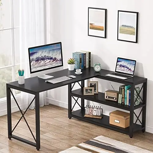

Reversible Industrial L-Shaped Desk with Storage Shelves, Corner Computer Desk PC Laptop Study Table Workstation for Home Office