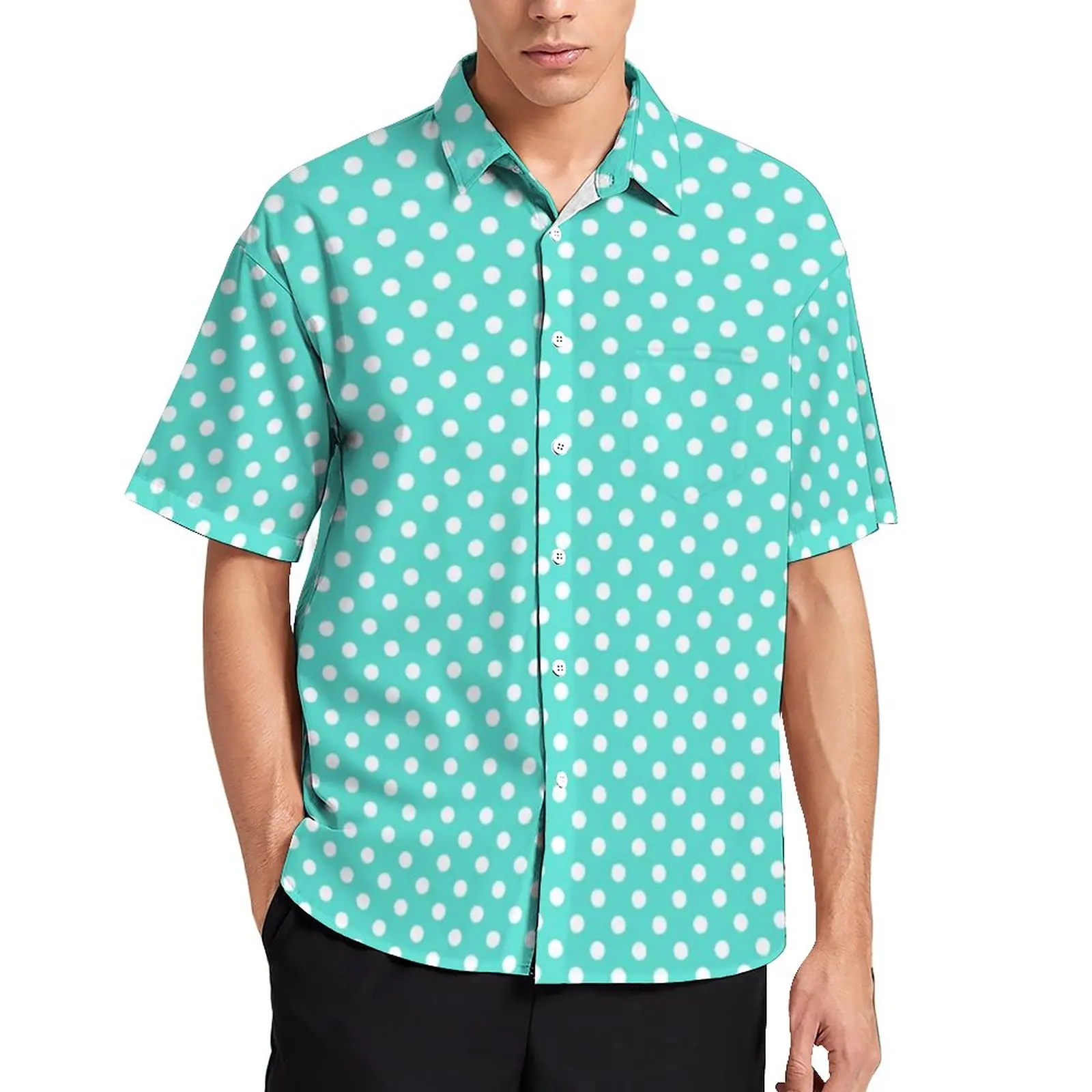

Teal Blue Polka Dot Casual Shirt Retro Turquoise Trendy Beach Loose Shirt Streetwear Blouses Short Sleeve Print Oversized Tops