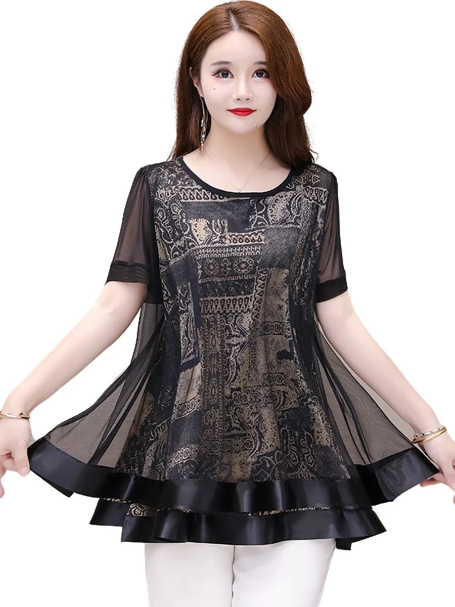 Блузка женская свободного покроя с коротким рукавом круглым вырезом и принтом |