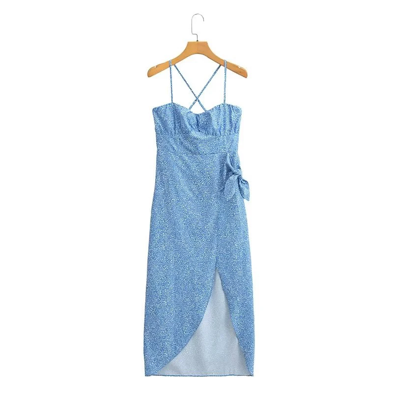 

Женский синий корсет с принтом YENKYE, стильное платье с узлом и разрезом спереди, на тонких бретельках, женское праздничное летнее сексуальное платье, 2023