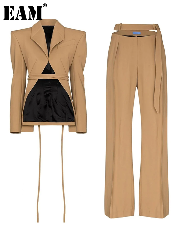 

[EAM] Wide Leg Pants Cross Bandage Blazer Two Piece Suit New Lapel Long Sleeve Women Fashion Tide Spring Autumn 2023 1DF2573