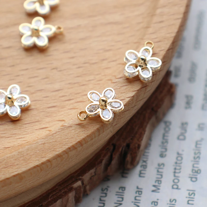 Vacuum Plating K Gold mini Zircon flower cute Drop Pendant little Charms for making jewelry accessories 8.5mm 3pcs |