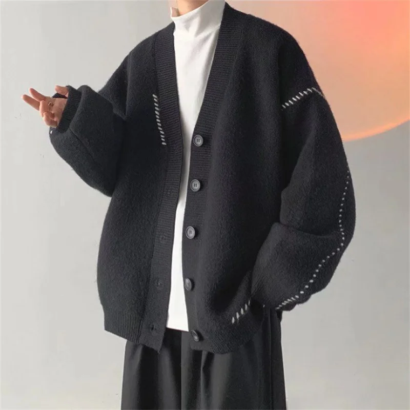

V-neck Sweatercoats for Men Korean Cardigans Casual Single-breasted Knit Sweater Autumn Winter New Loose Knitwear Man Cardigan