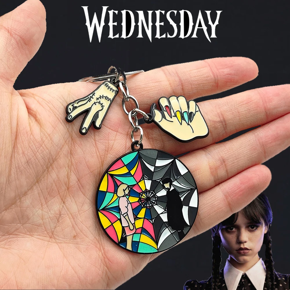 

TV Show Wednesday Addams Cosplay Keychain Thing Hand And Ophelia Hall Glass Window Pendant Keyring For Men Women Car Accessories