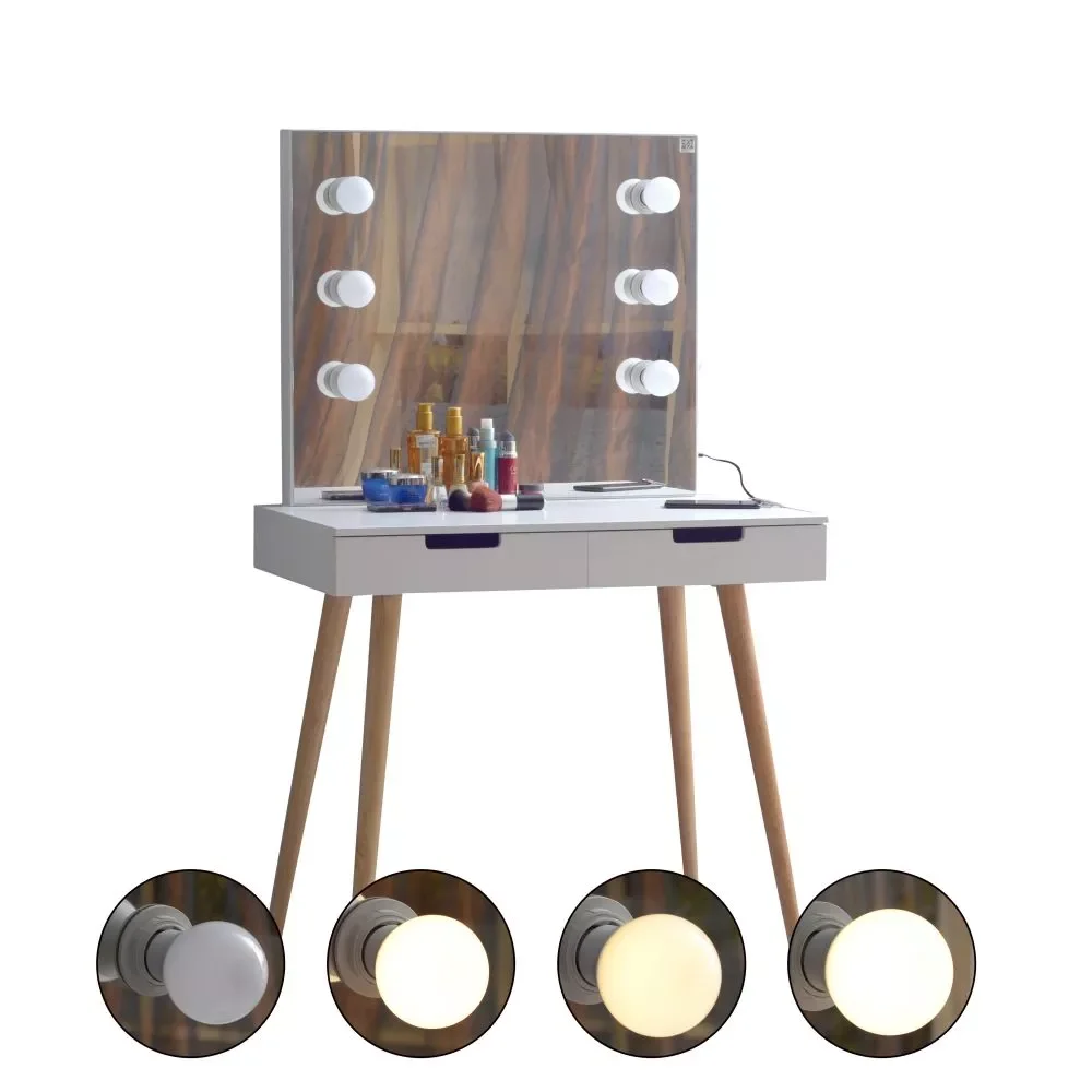 

White Wooden Vanity Table Makeup Dressing Desk with LED Light, Adjustable Brightness