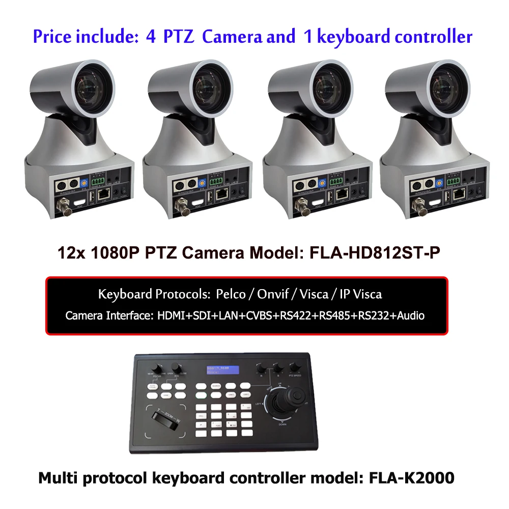 

2MP 1080p 60fps Wide Angle 12X IP POE HDMI SDI PTZ Video Conference Camera And Visca RS485 Onvif Keyboard Controller