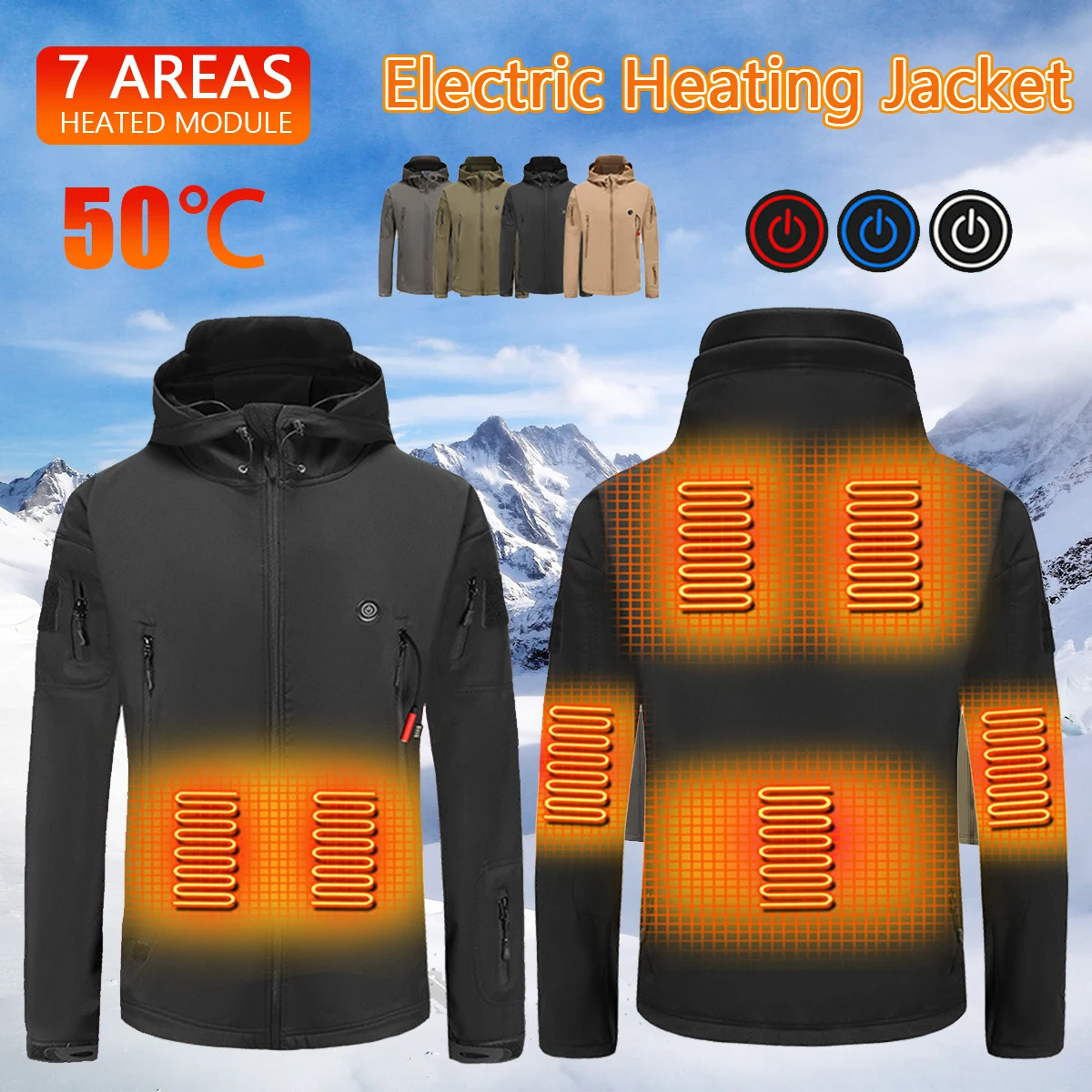 1x Men's Winter Heated Jacket Washable USB Rechargeable Outdoor Tactical Jacket Warm Hooded Sports Windbreaker Ski Suit