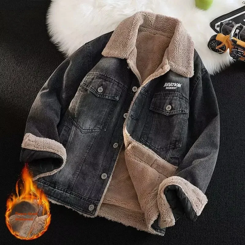 Men's Vintage Denim Jacket American Style Loose Fit Cotton Coat Thickened Fleece Lining Casual Autumn Winter Fashion Outwear