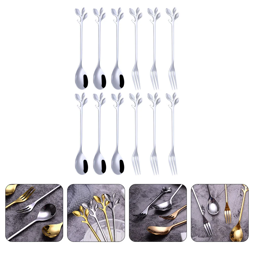 

Spoon Forks Dessert Spoons Fork Cake Fruit Set Coffee Tea Appetizer Salad Steel Stainless Leaf Flatware Servingcocktail Utensils