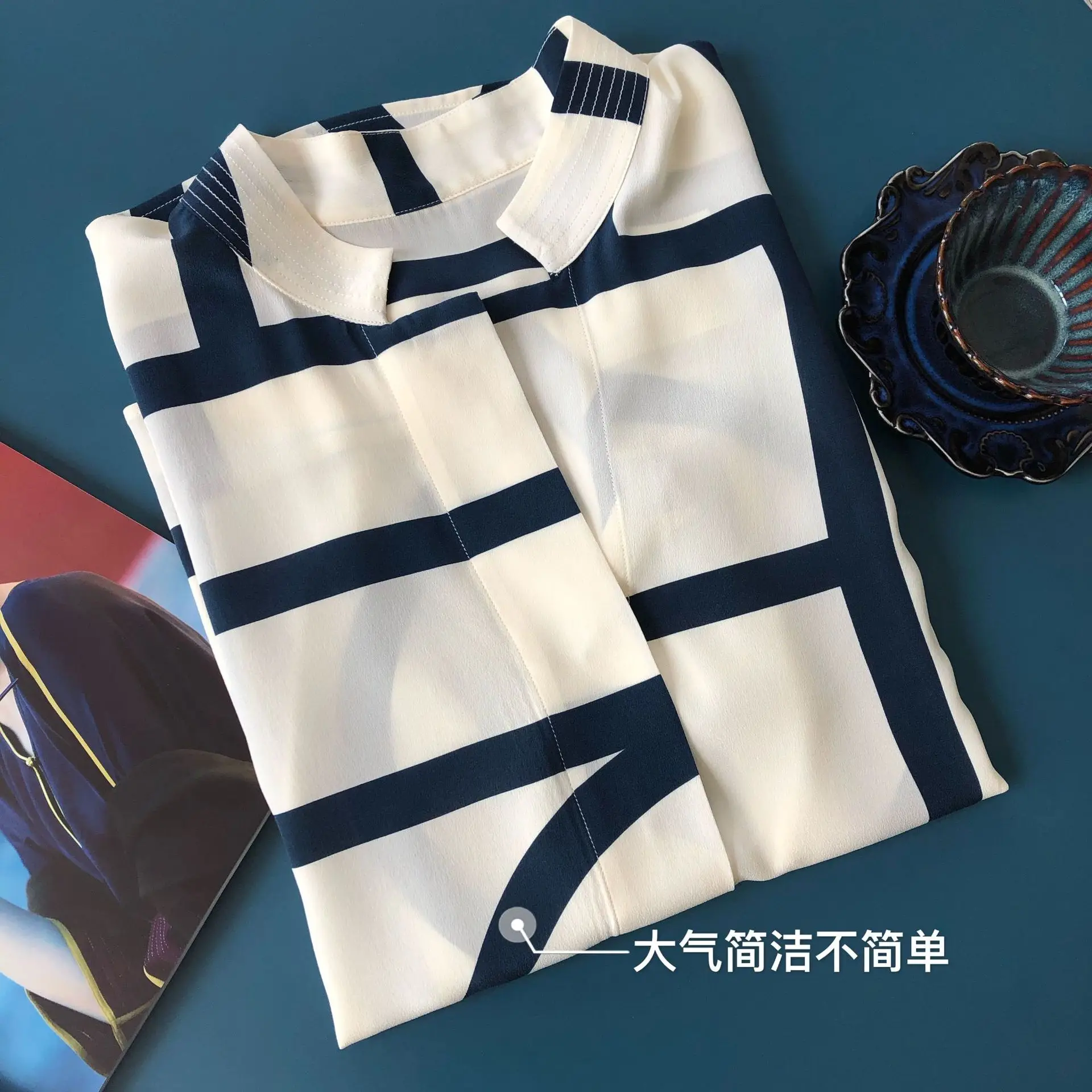 

Новая Геометрическая тонкая прозрачная рубашка из 2022 натурального шелка с длинными рукавами, женская блузка, модная одежда высокого качест...