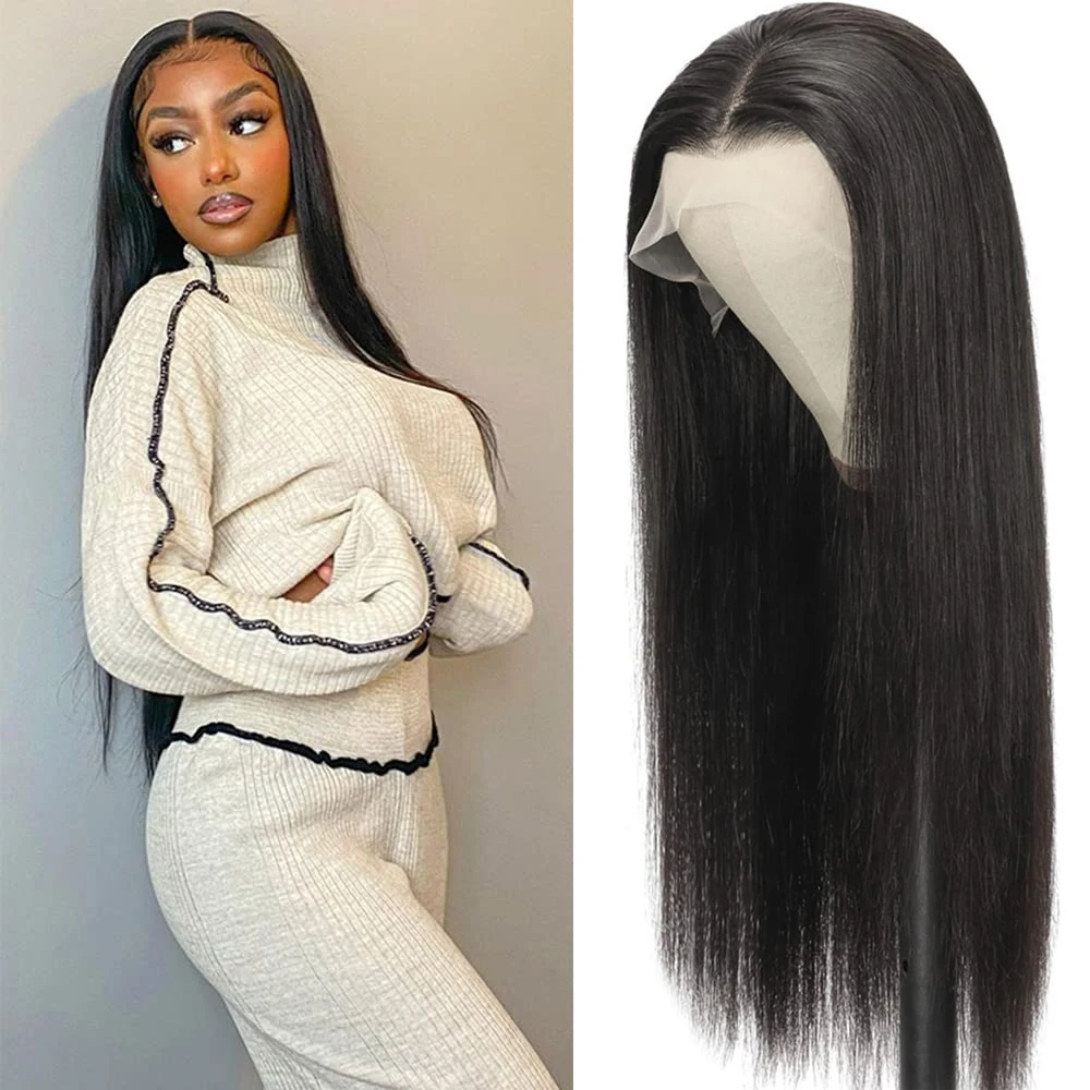 

Long Straight 13X4 Lace Wigs Synthetic Middle T Part Lace Wigs Nature Black Straight Wigs For Women Glueless 180% Density Hair