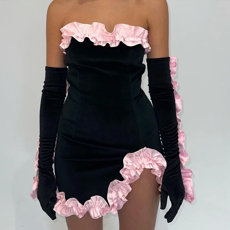

Women's Dress Ruffles Bodycon Dress 2022 Spring New Fashion Contrast Color Mini Sexy Club Party Dresses Off Shoulder With Gloves