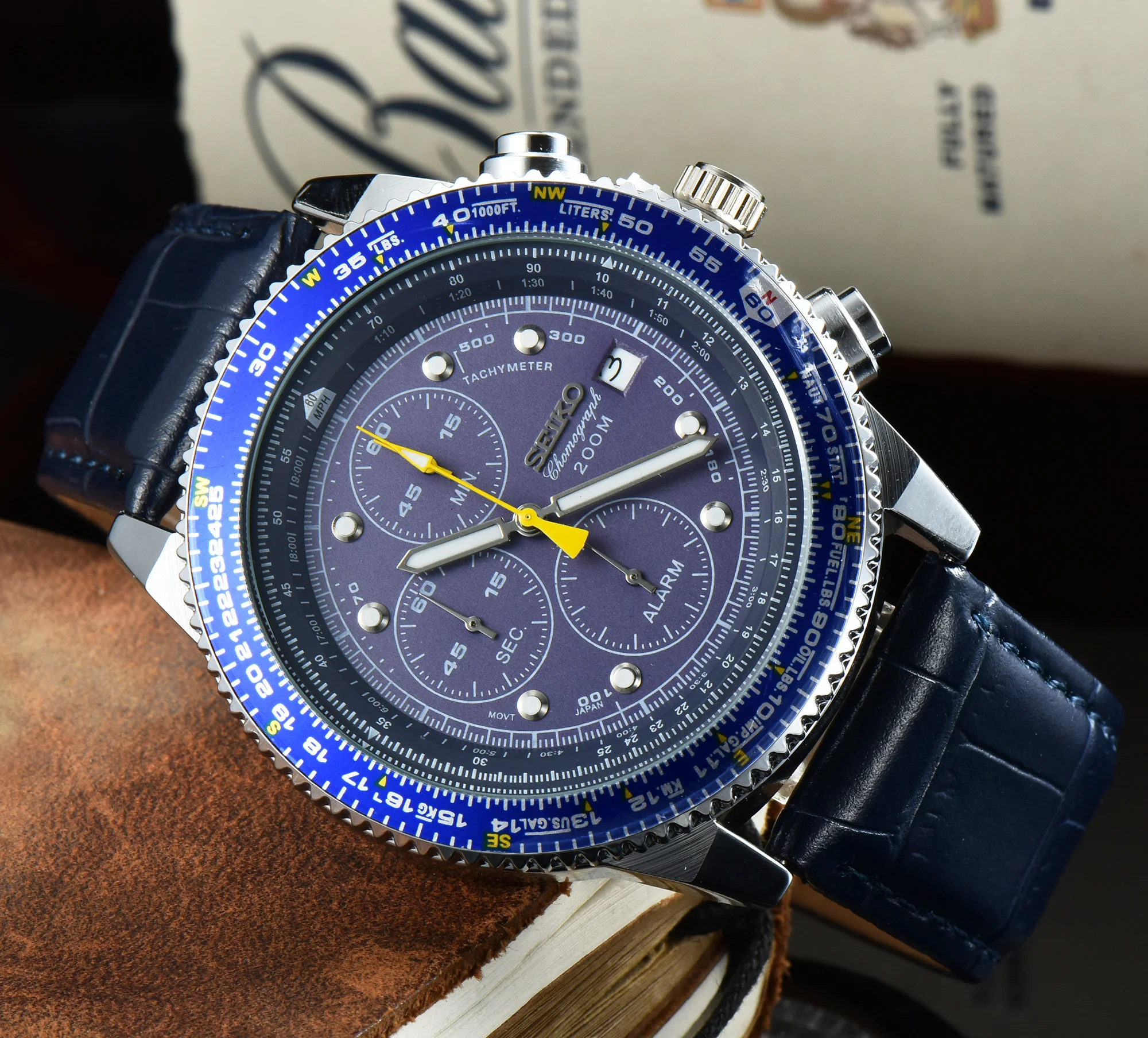 Дешево Часы наручные Seiko мужские, роскошные светящиеся с чёрным циферблатом, с вращающейся перегородкой, с таймером полета
