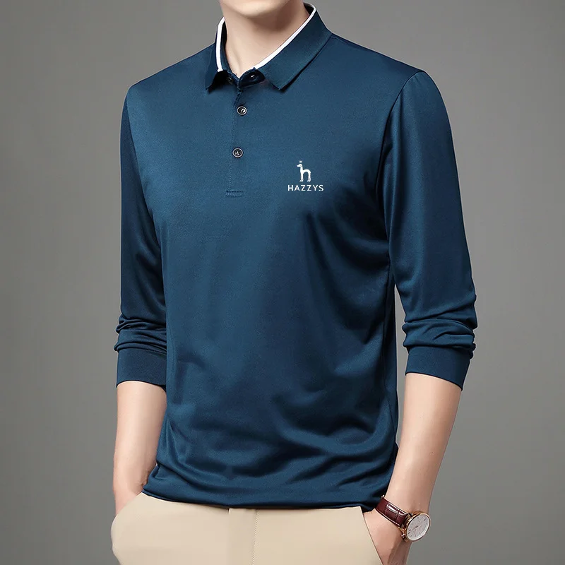 HAZZYS Men's Spring Summer Autumn New Business Lapel T-shirt Thin POLO Shirt Solid Color Fashion Simple Style Base Coat