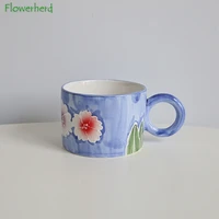 creative watercolor flowers peach hand painted mug ceramic coffee cup round handle household water cup breakfast milk couple cup