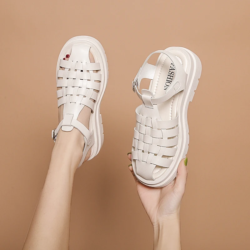 

Korean Version Baotou Sandals Female Summer Non-slip Fairy Wind 2022 New Hollow Sponge Cake Thick Bottom Word with Roman Shoes