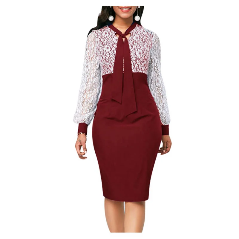

Women's Long-sleeved Pencil Skirt Lace Patchwork Color Contrast Party Dress with Front Tie Side Slit 2023 Summer New Dress