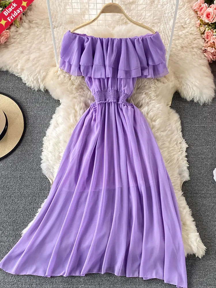 

Yellow/Purple/White Chiffon Dress Women Sexy Slash Neck Ruffle Robe Elegant Ruffle High Waist Vestidos Female Beach Vacation New