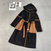 high quality double faced cashmere woolen coat female long 2022 autumn winter sheepskin pocket loose hooded trench coat brand