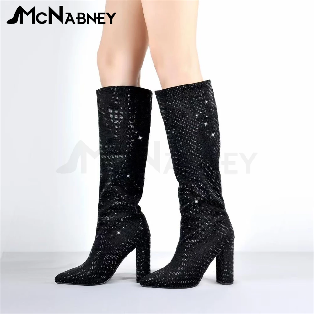 

Multicolor Rhinestone Knee Boots Luxurious Style Designer Quality Boots Pointed Toe Chunky Heel Lady Shoes Simple Elegant Boots