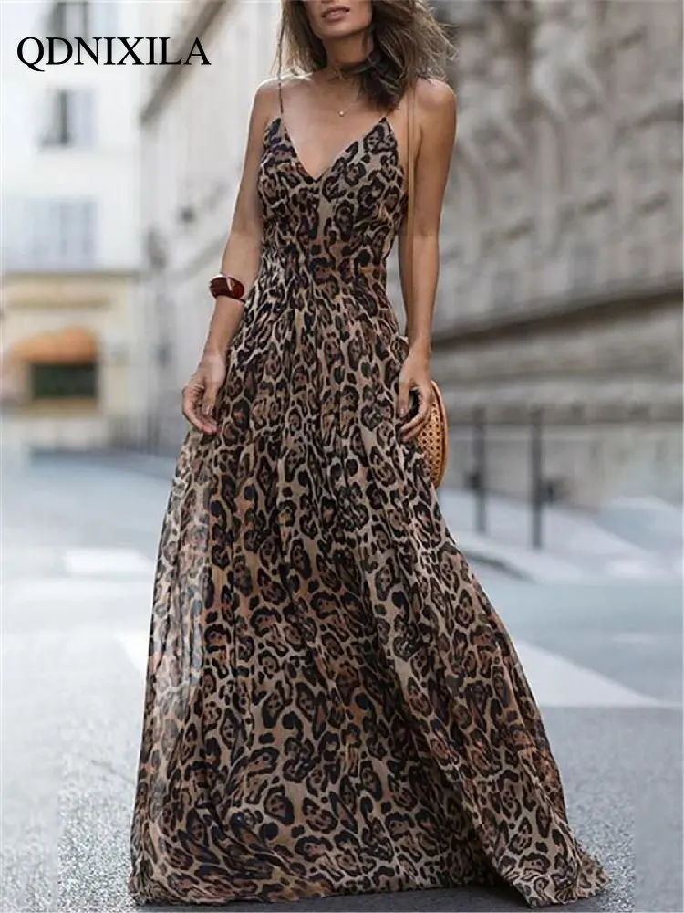 

Dresses for Women 2023 New In Summer Dress Fashion and Sexy Leopard Print V-neck Suspender Long Dresses Elegant Party Dresses