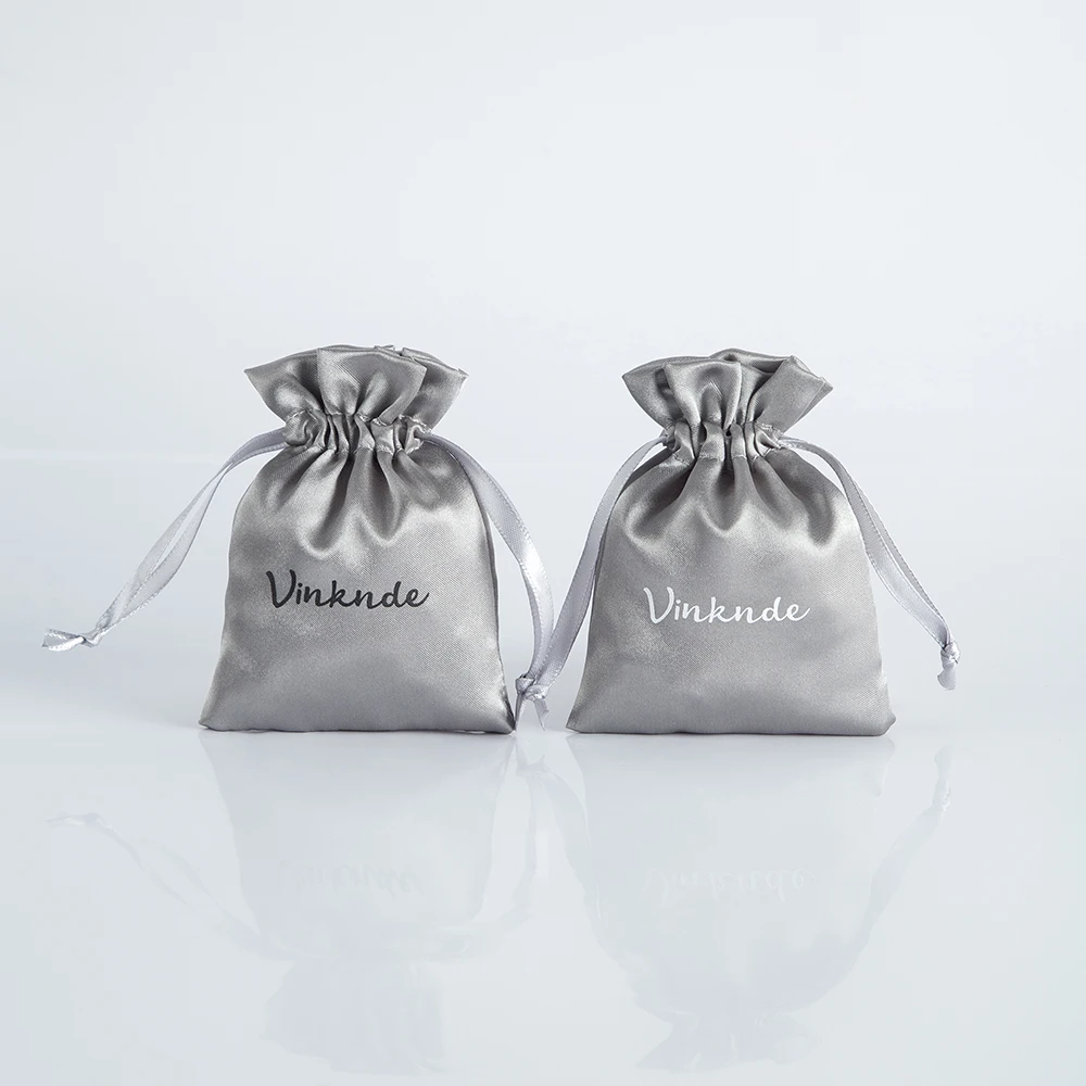 100Pcs Personalized Logo Packaging Grey Satin Silk Pouch for Wedding Favor Gift Bags Candy Bag Jewelry Rings Drawstring Rope Bag