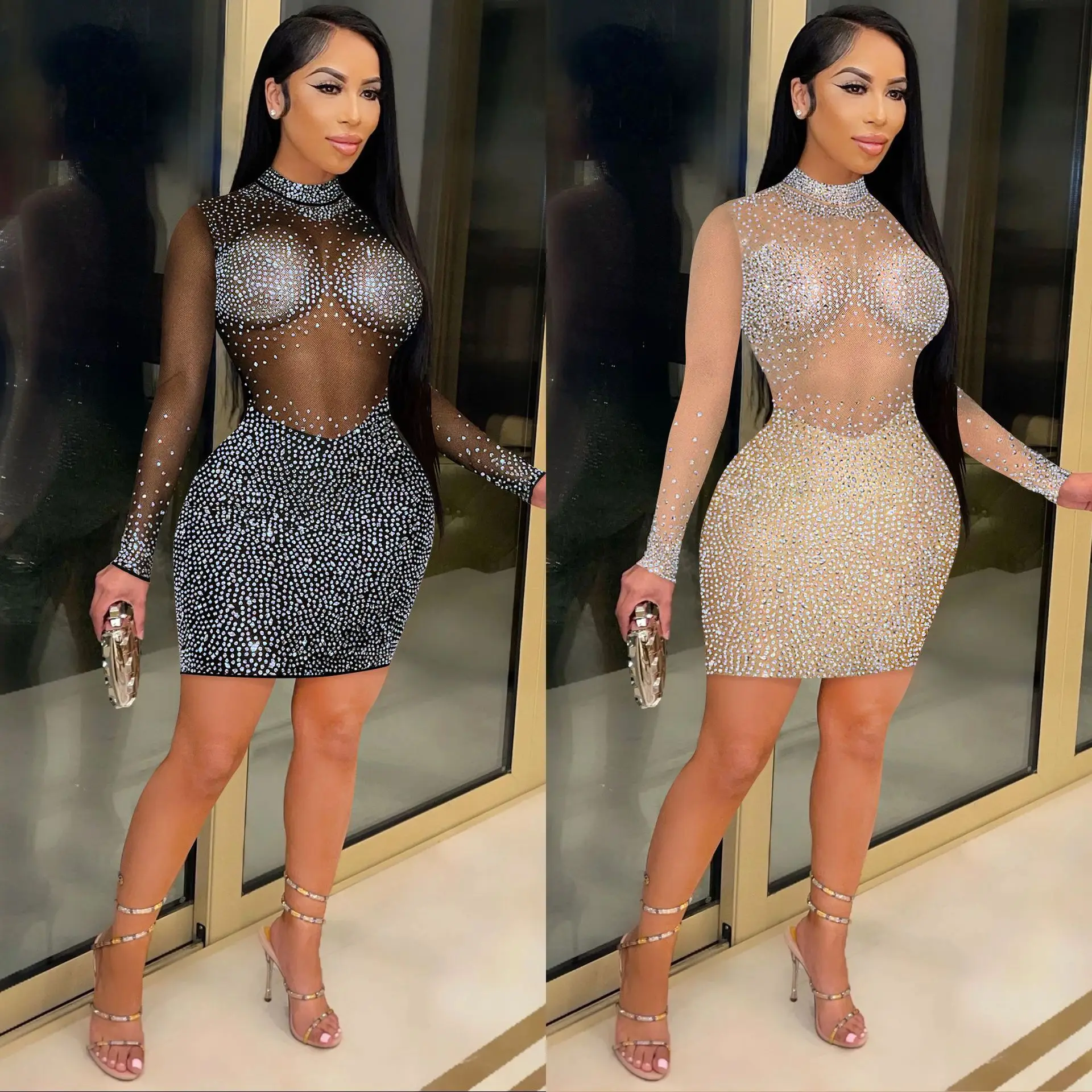 

Sexy Mini Dress Women Rhinestone Half High Collar Long Sleeves See Through Bodycon Night Wear Club Dresses Women