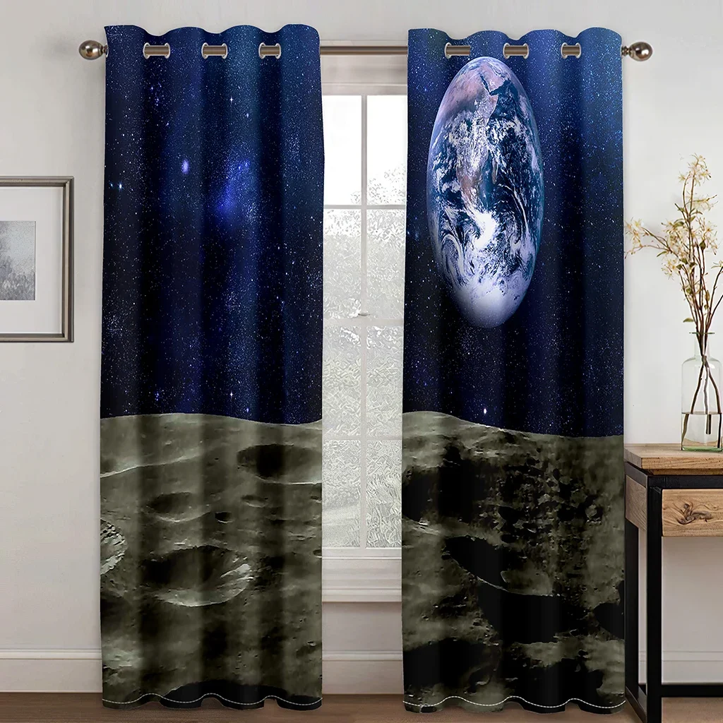 

3D Print Night Starry Sky Earth Stars Milky Way Moon 2 Pieces Free Shipping Thin Window Curtain for Living Room Bedroom Decor