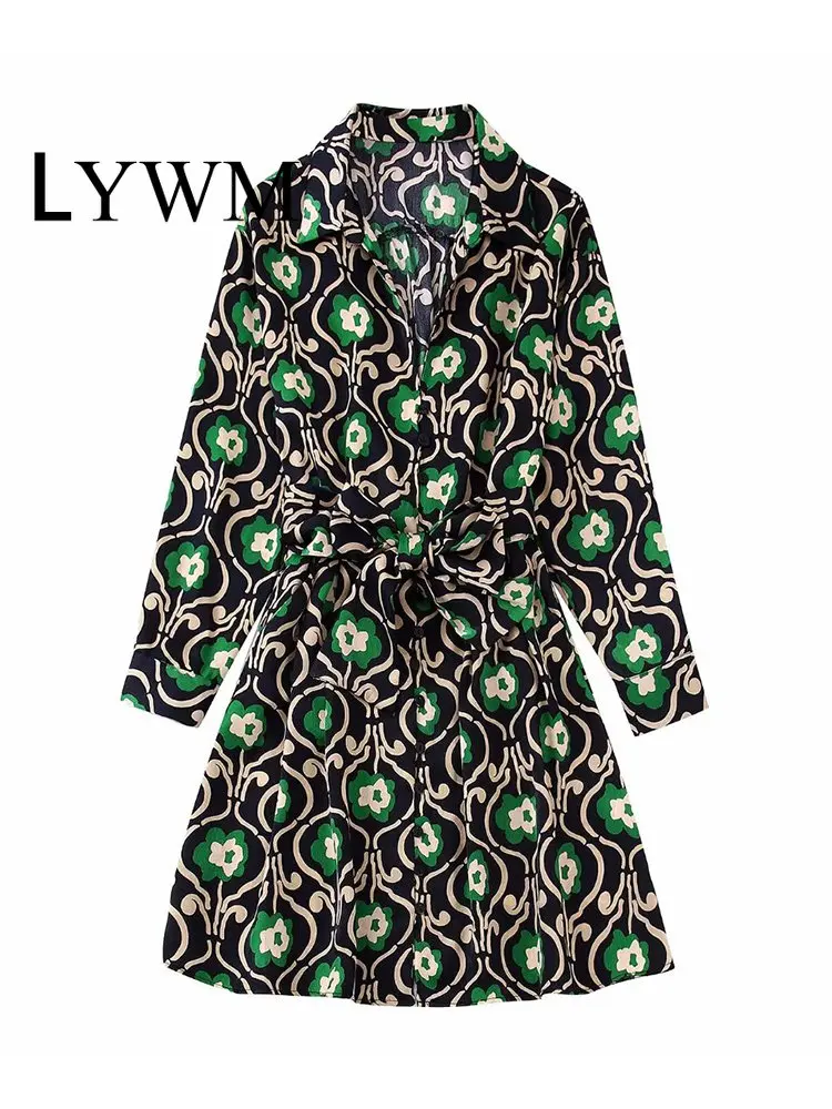 

Женское модное однобортное платье миди LYWM с поясом и принтом, винтажные женские шикарные платья с отложным воротником и длинным рукавом