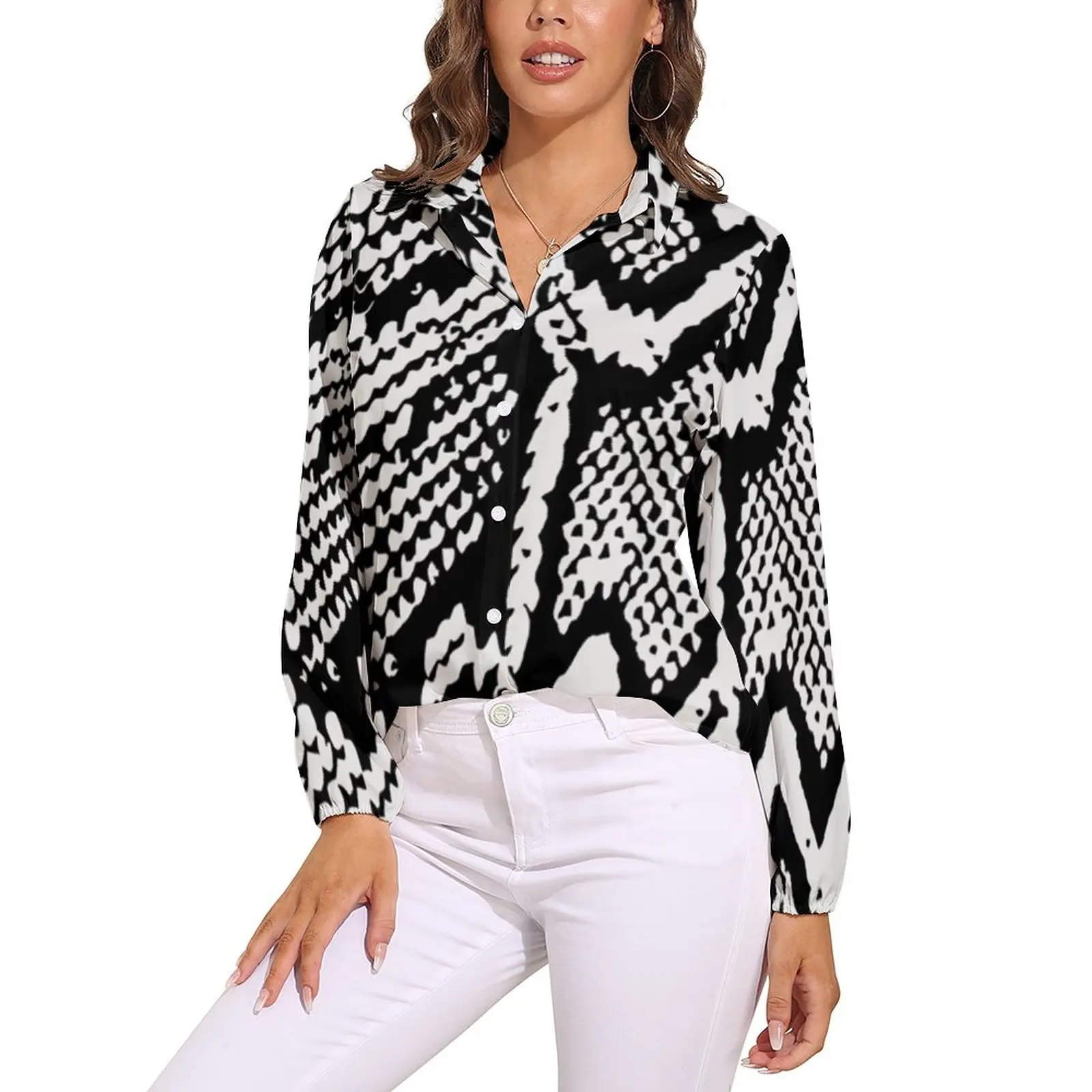 

Python Black Snakeskin Blouse Animal Print Kawaii Custom Blouses Women Casual Shirt Summer Long Sleeve Oversized Top