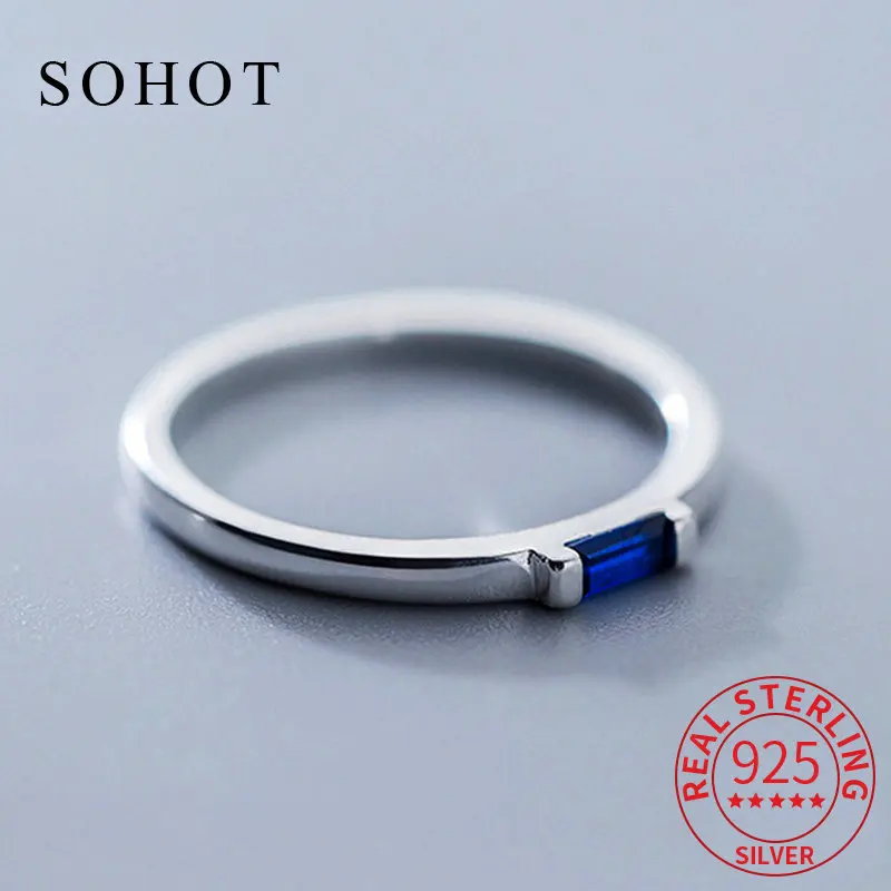 

Fashion 925 Sterling Silver Blue Zircon Rectangle Ring For Fashion Women Fine Jewelry Cute Minimalist Accessories Gift