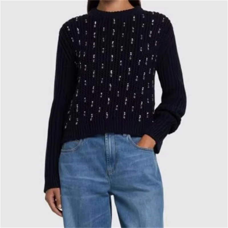 Женский свитер Новинка осени 2024 пуловер с круглым вырезом и бусинами эластичный