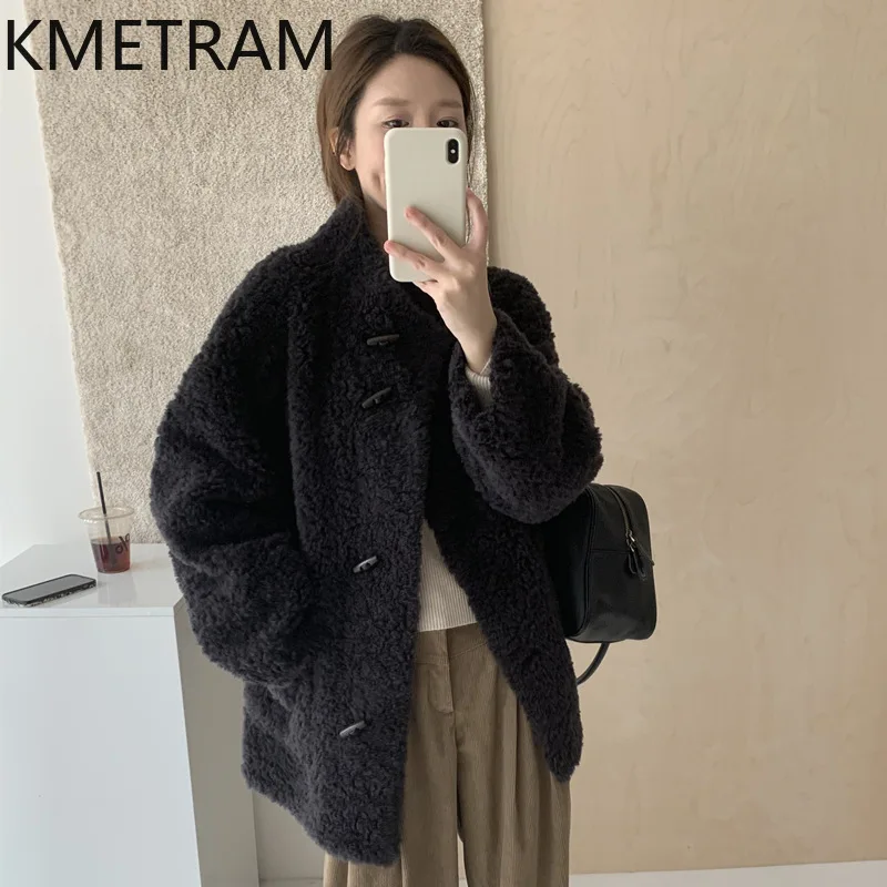 Фото Пальто KMETRAM из 100% шерсти, с воротником-стойкой, средней длины, из овчины, 80 см, свободного кроя, зимняя верхняя одежда, женская одежда 2026, куртка №3